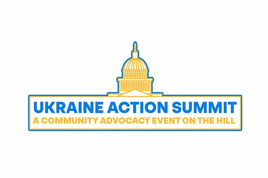 logo of the Ukrainian Action Summit Washington DC with a Capitol and the name of the summit. Two national colors of Ukraine, blue and yellow are in use.