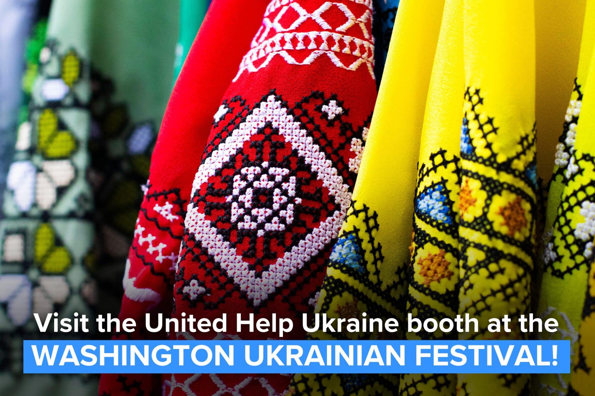 Three sleeves of vyshyvanka, national Ukrainian clothes: green. red and yellow.
