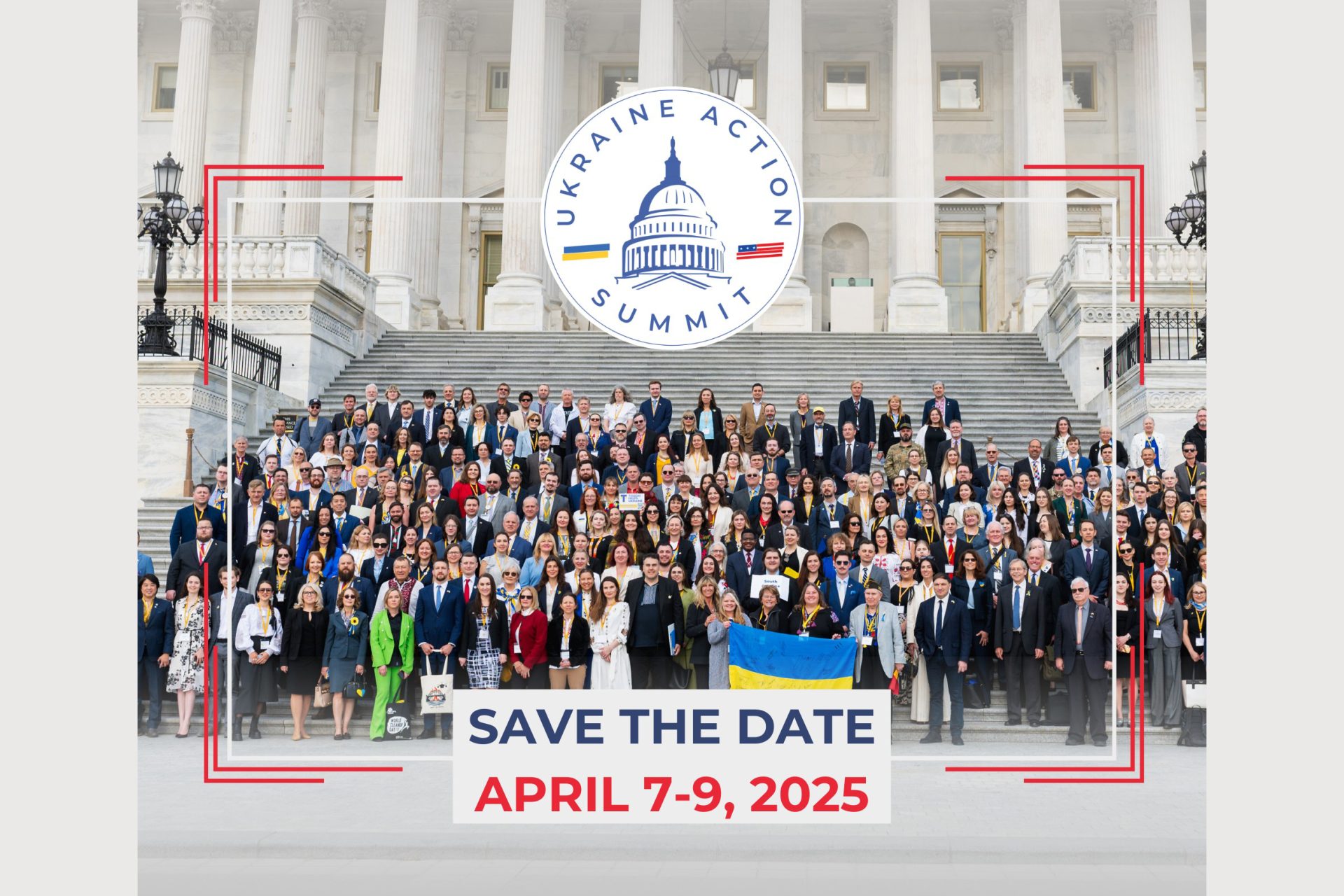 Attendees of the Ukraine Action Summit, Spring 2025. Group photo with dates and Summit's logo in front of the Capitol.