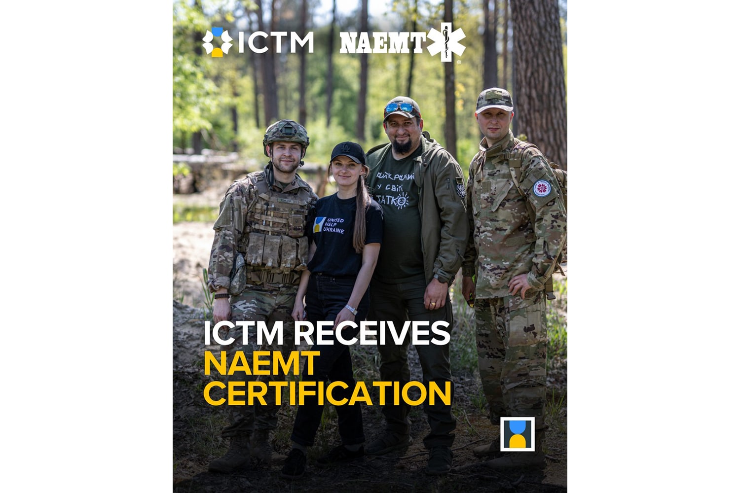 International Courses of Tactical Medical NAEMT Certification Announcement: Three people in military outfits and one lady in a Civilians HELP's t-shirt in the forest while doing tac med field training.