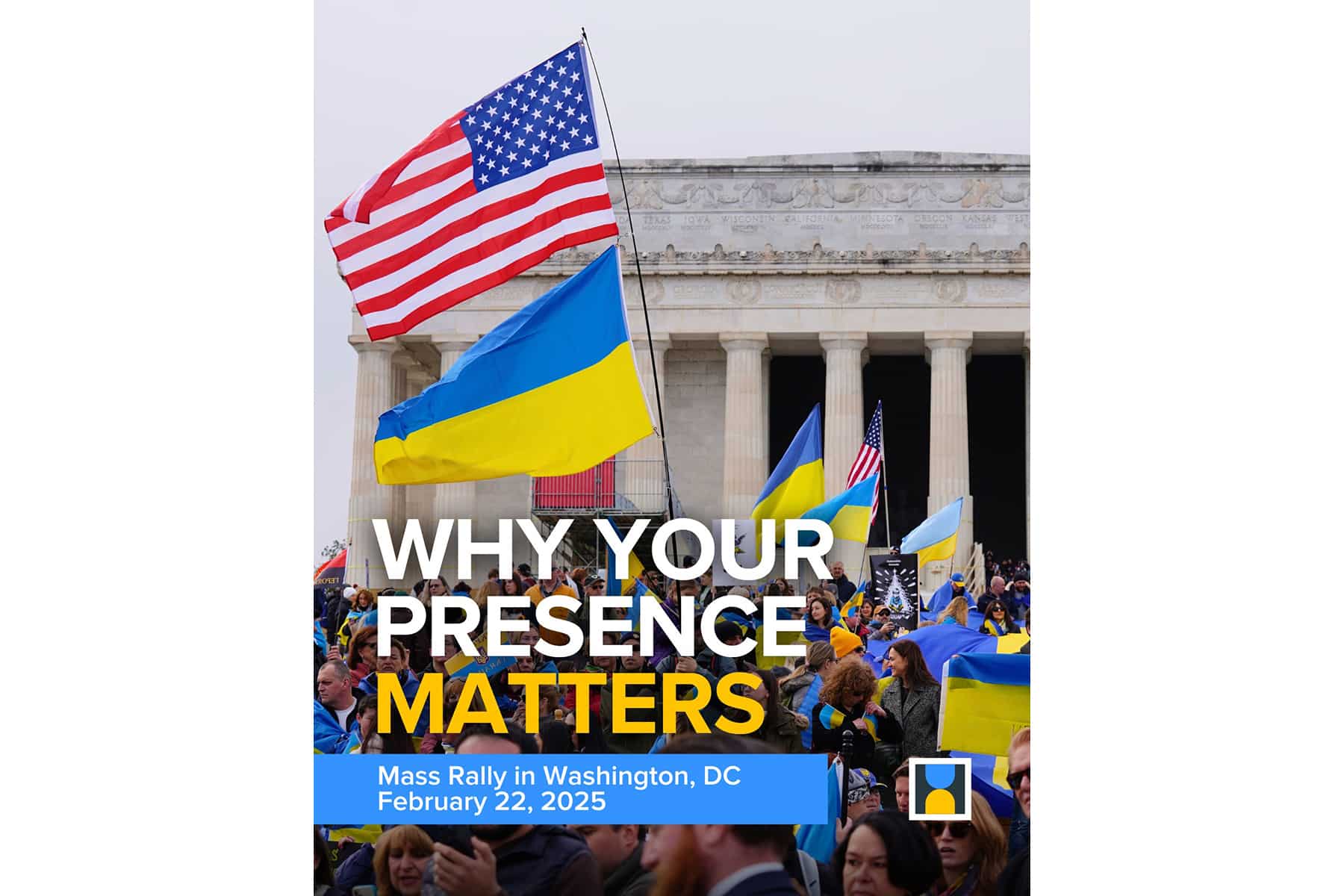 A powerful visual featuring the U.S. Capitol Building in the background, with a large crowd of people filling the foreground. Participants are holding both American and Ukrainian flags at a support rally held in February 2025. The event commemorates and supports Ukrainians on the third anniversary of the full-scale invasion.
