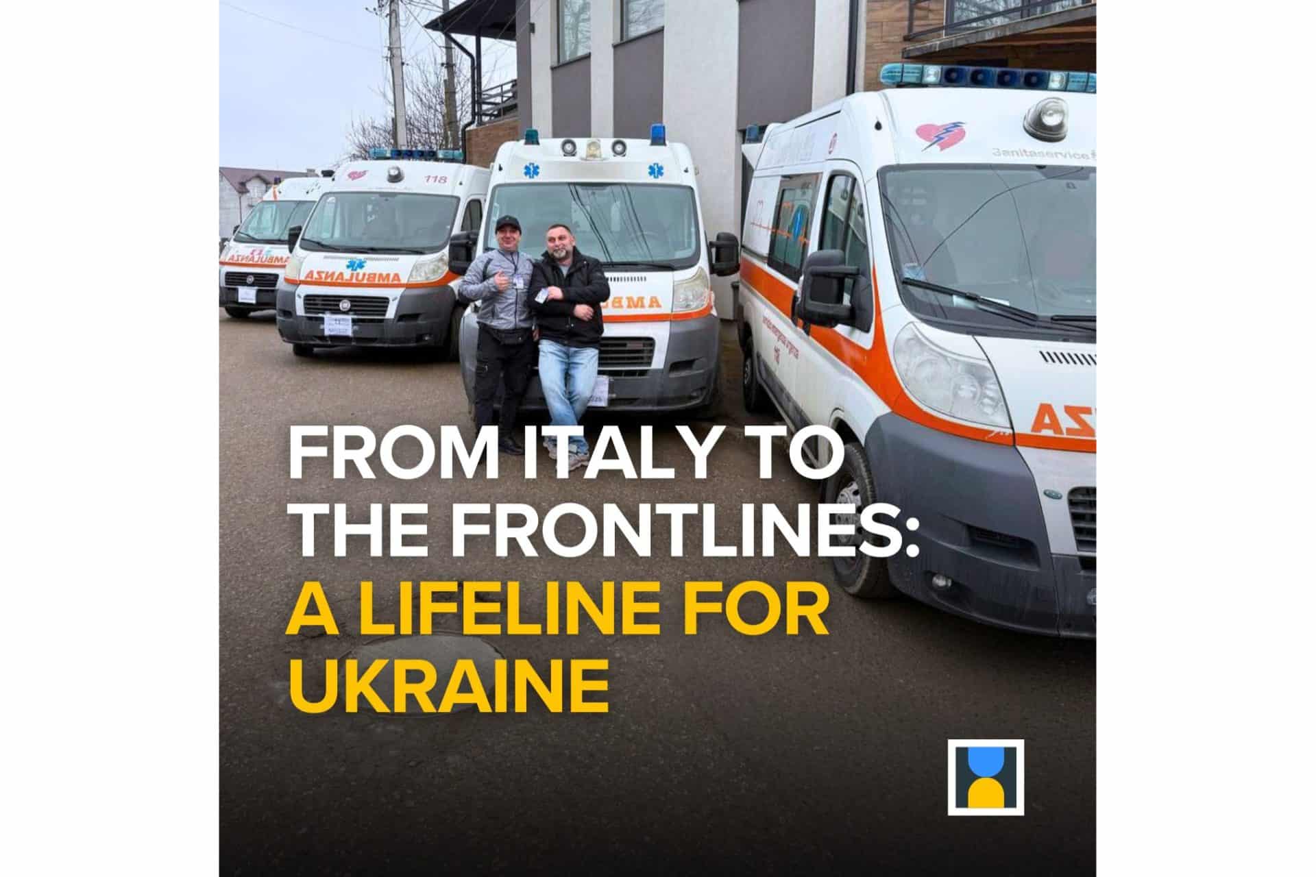 Ambulances delivered from Italy to the frontlines: a lifeline for Ukraine. Four ambulances in the picture with two volunteers.