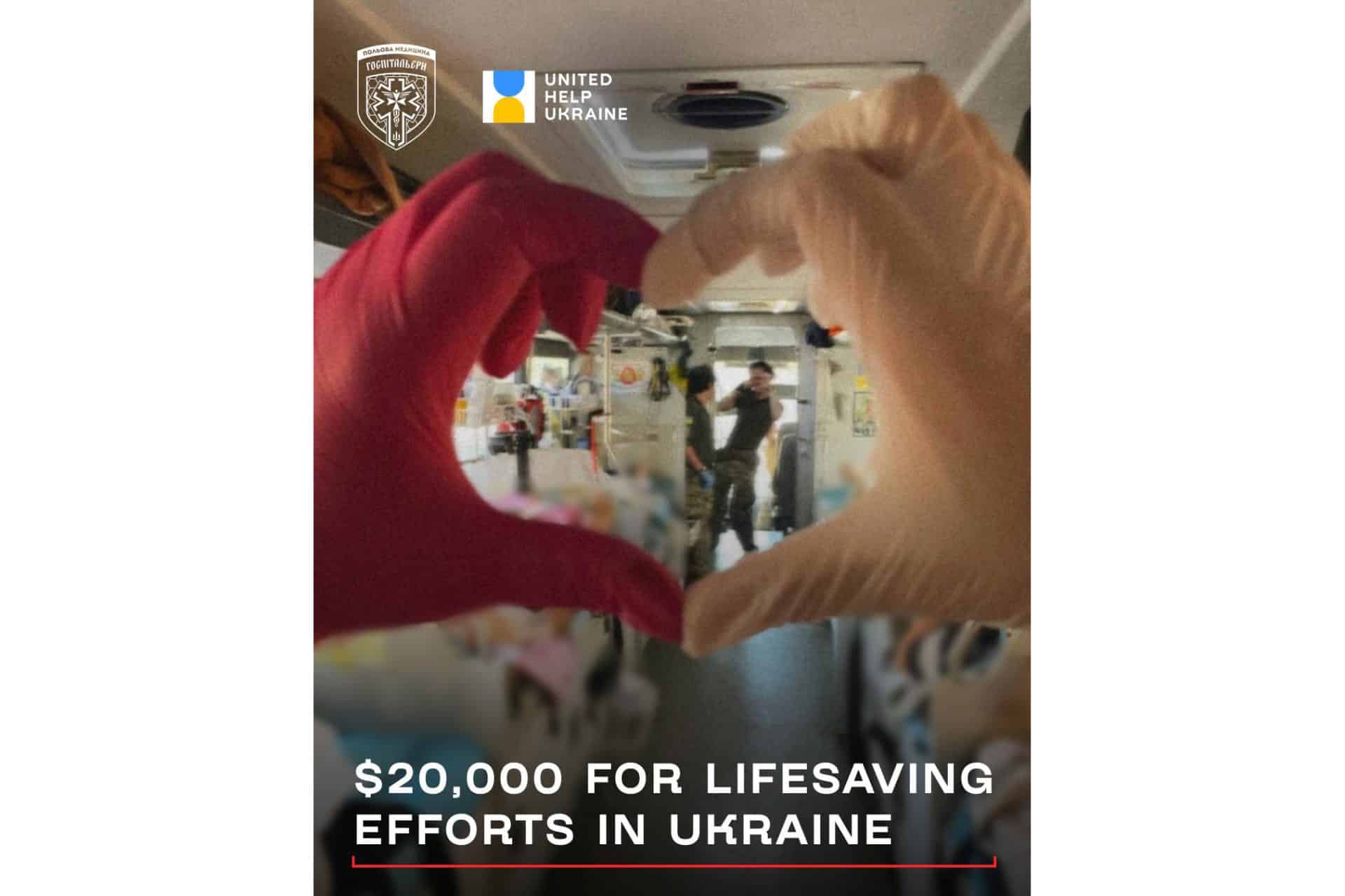 Lifesaving Equipment for Ukraine: A Collaboration Poster. This poster highlights the critical partnership between Civilians HELP and Hospitalliers. Visual: A mobile hospital stands against a dynamic blue and red background. In the foreground, hands in white and red gloves gently cup a heart, placed prominently over the hospital image.
