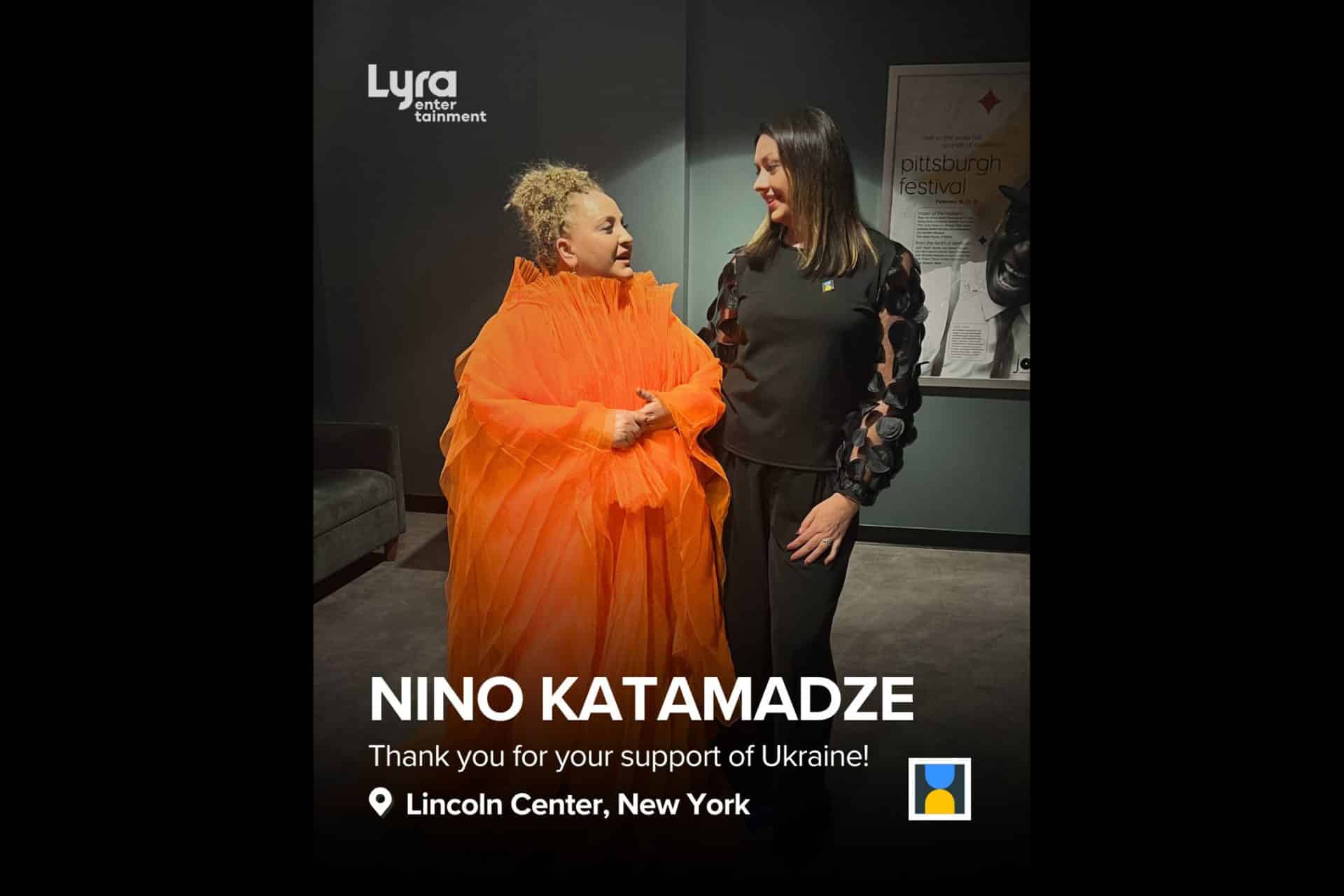 Nino Katamadze and Womam Dressed in Black Long Dress while the Concert in Lincoln Centre New York