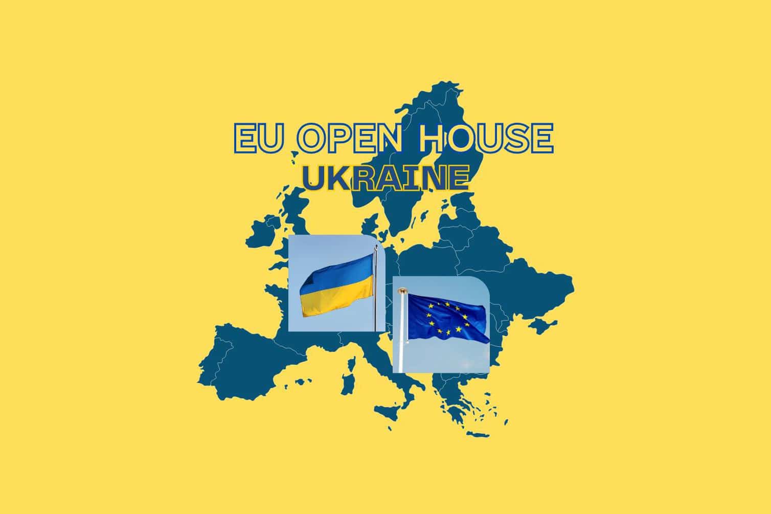 European map in blue colour on yellow background with the announcement of the EU Open House: Discover Ukraine