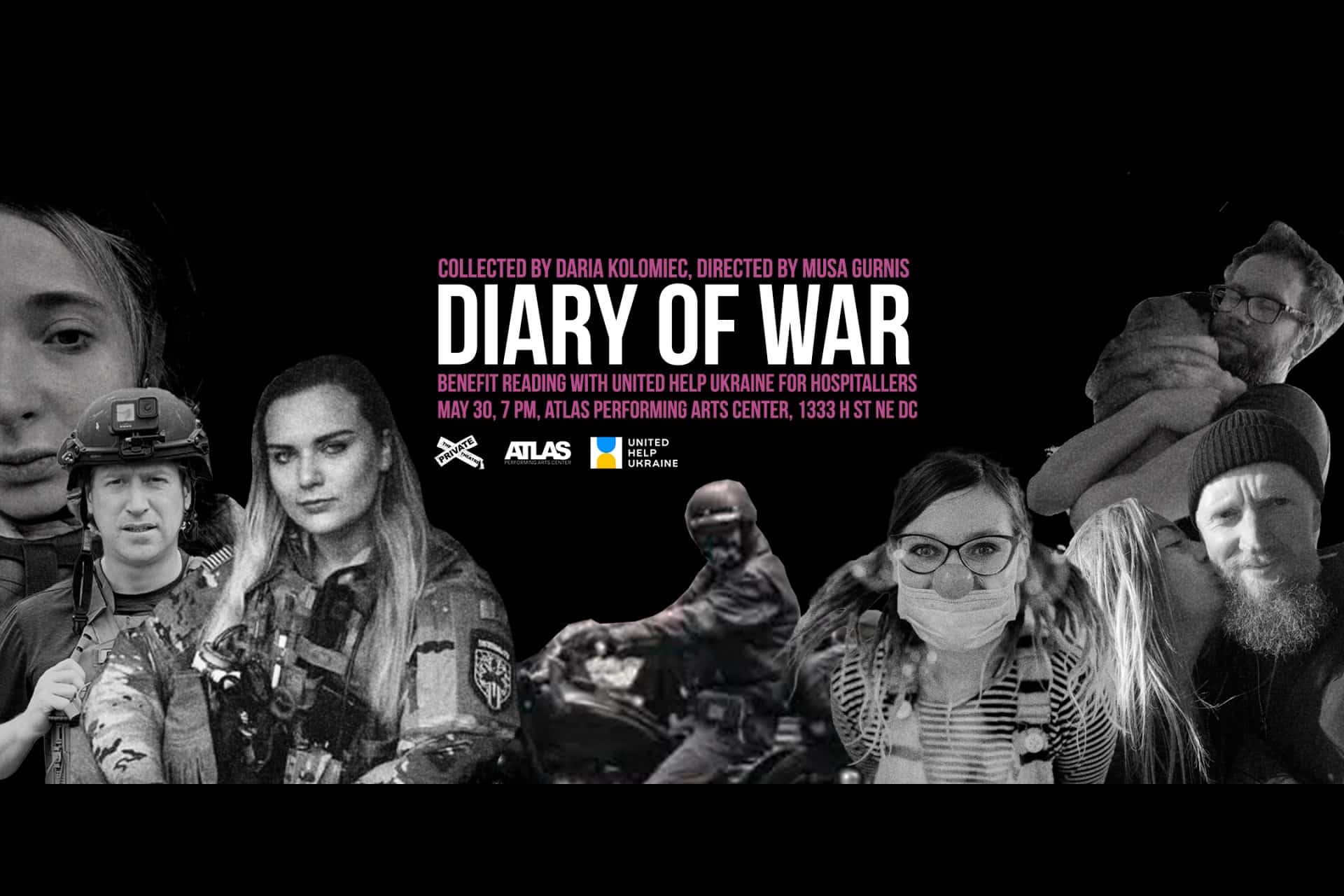 Diary of War: Reading Testimonies of Seven Ukrainians Affected by War—announcement of the event with Atlas and Civilians HELP logos. Ukrainian defenders on a black and white background.