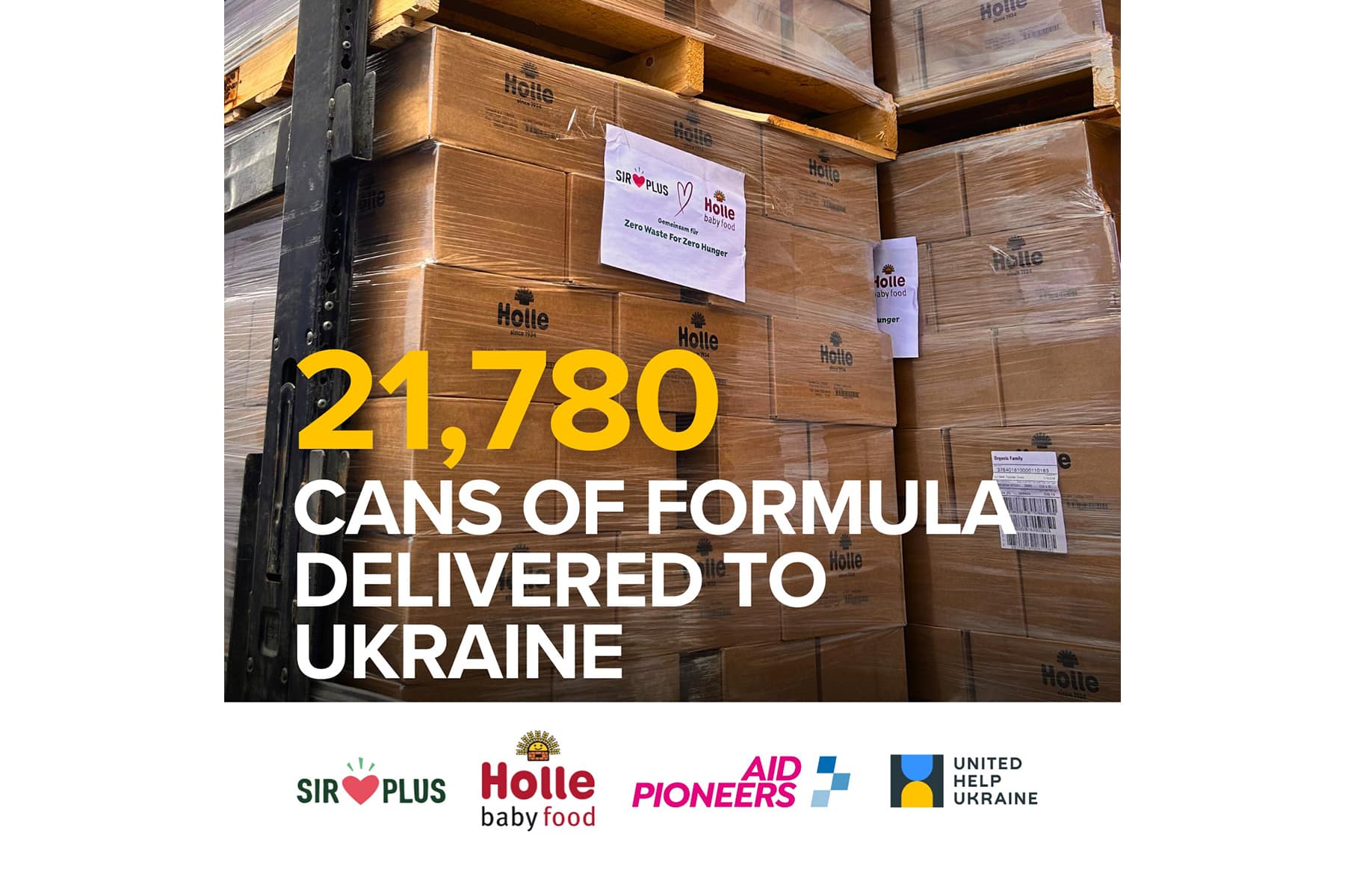 A banner with a lot of boxes to announce the delivery of 21,780 cans of formula to Ukraine with logos of partners in the bottom: Sir Plus, Holle baby food, Aid Pioneers, Civilians HELP.