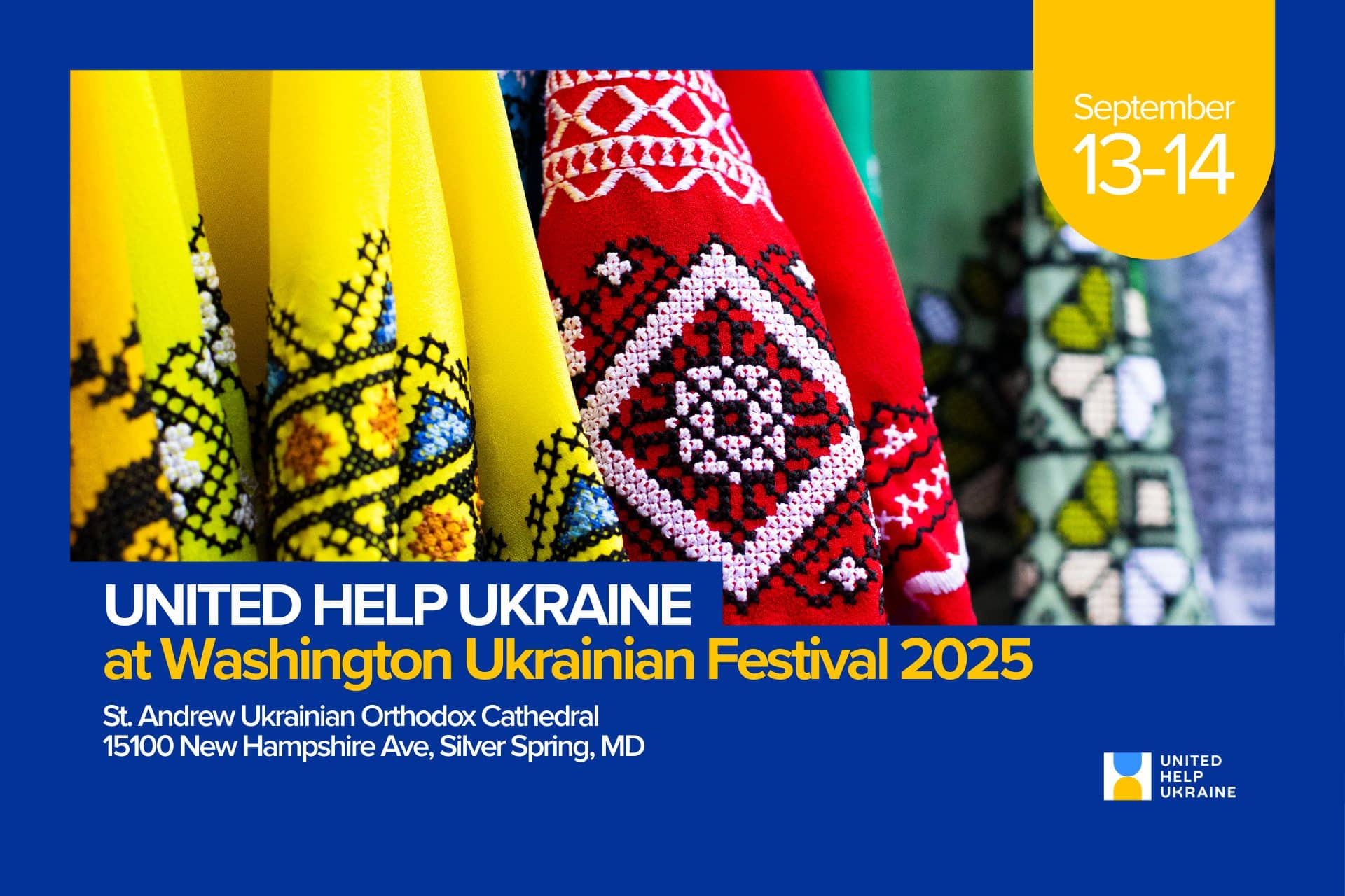 This image is the Washington Ukrainian Festival 2025 announcement, featuring the festival's date and locations. The Civilians HELP logo is visible in the bottom right corner.