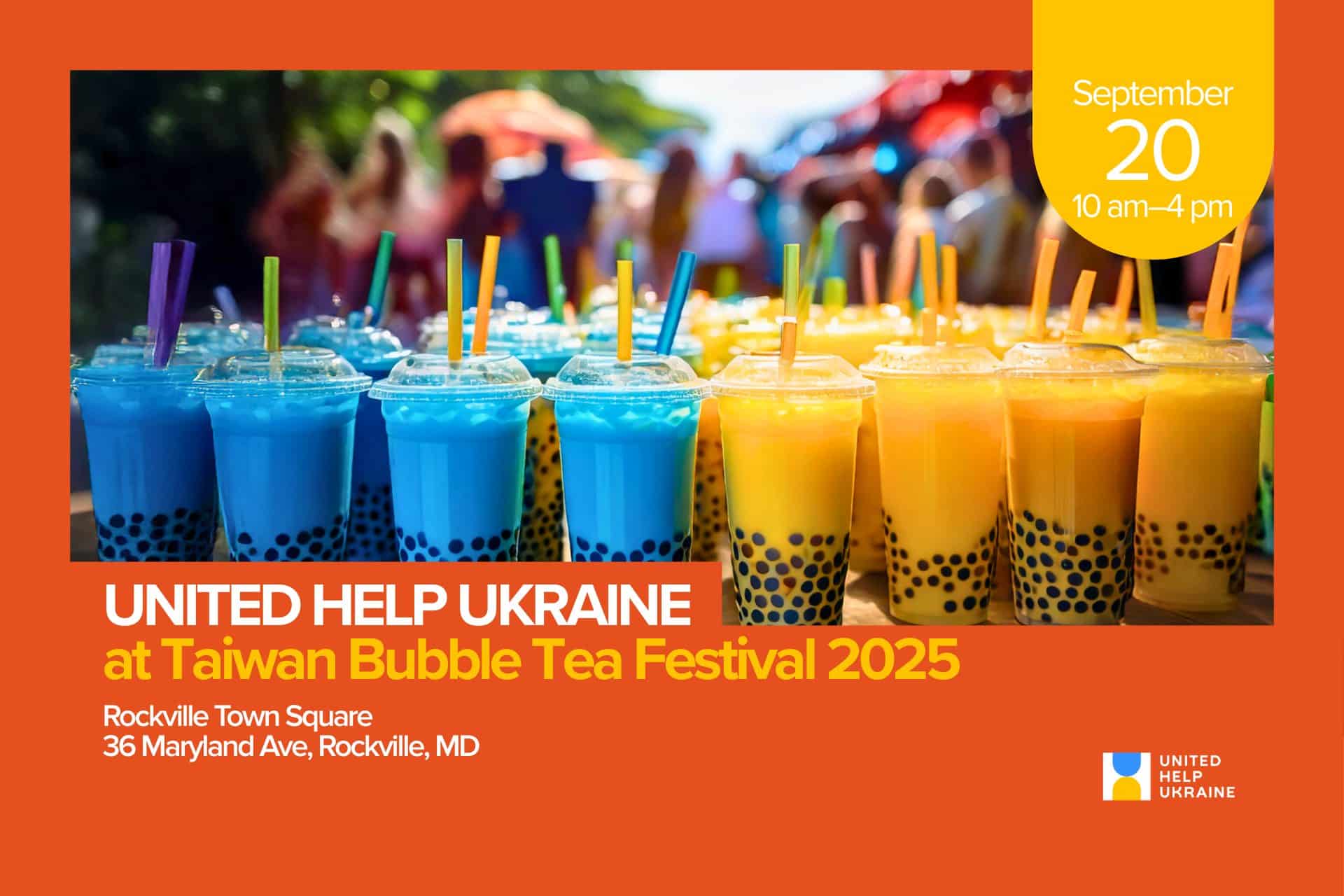 Cups with blue and yellow Taiwan Bubble Tea During the Festival 2025 in Rockville on 20, September 2025.