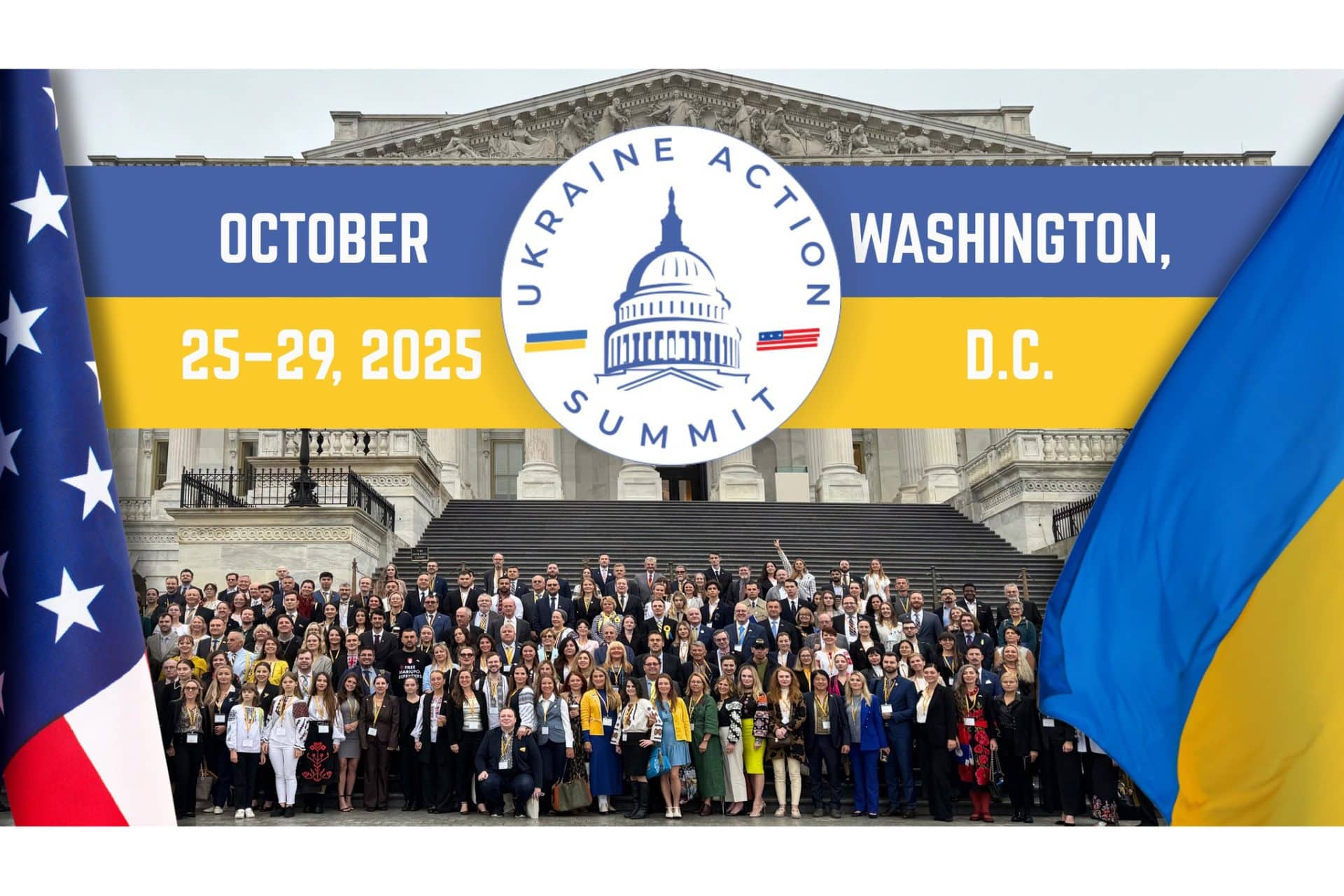 Attendees of the Ukraine Action Summit a group picture wiht Action summit Fall 2025 announcement and Ukrainina and American flags.